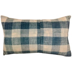 Antique Mid-19th Century French Home Spun Indigo Dyed Check Pillow #9