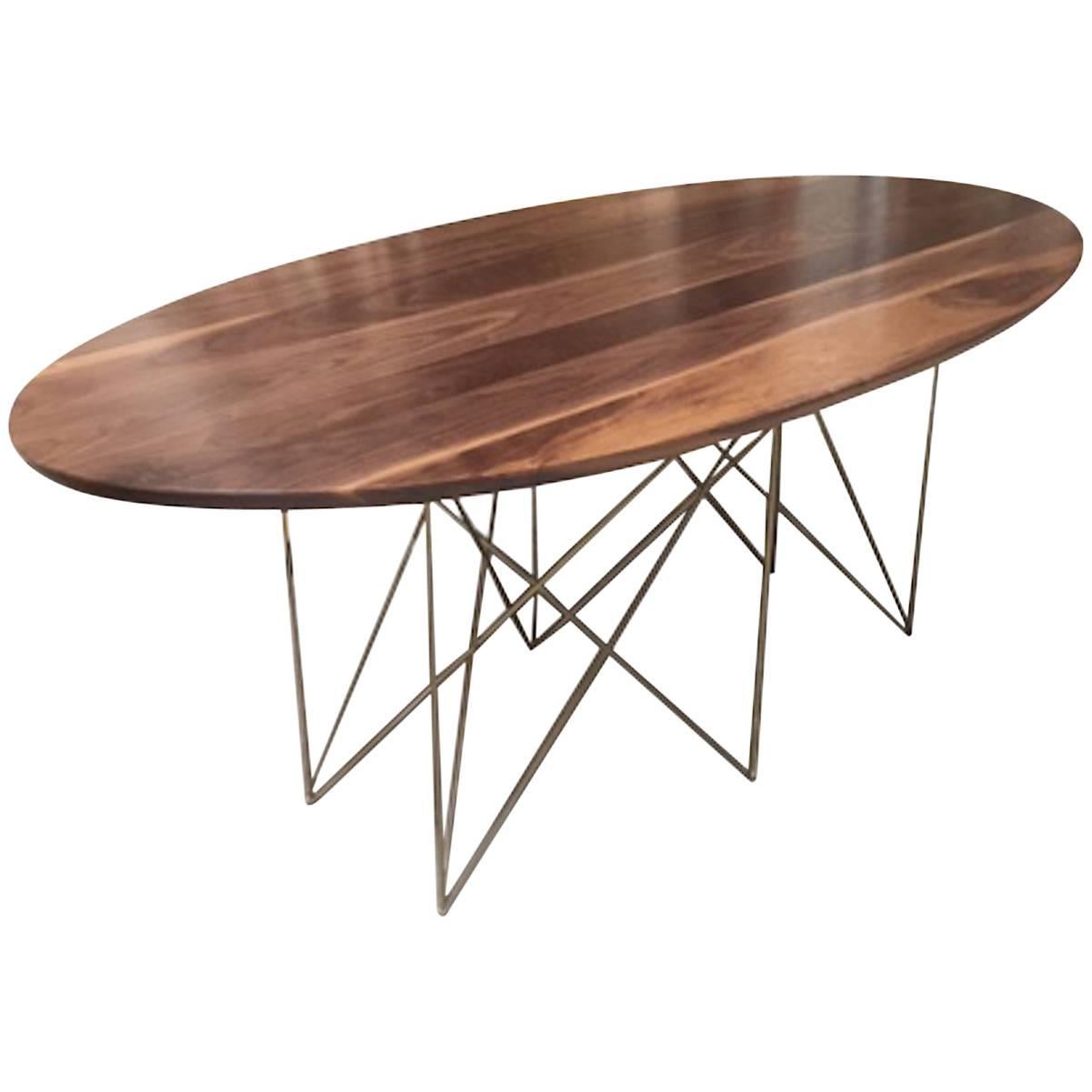 Oval Walnut Dining Conference Midcentury Inspired Steel Powder Coated Table For Sale