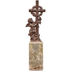 19th Century French Iron Cross with Cherub on Stand with Engraved E. Catherine