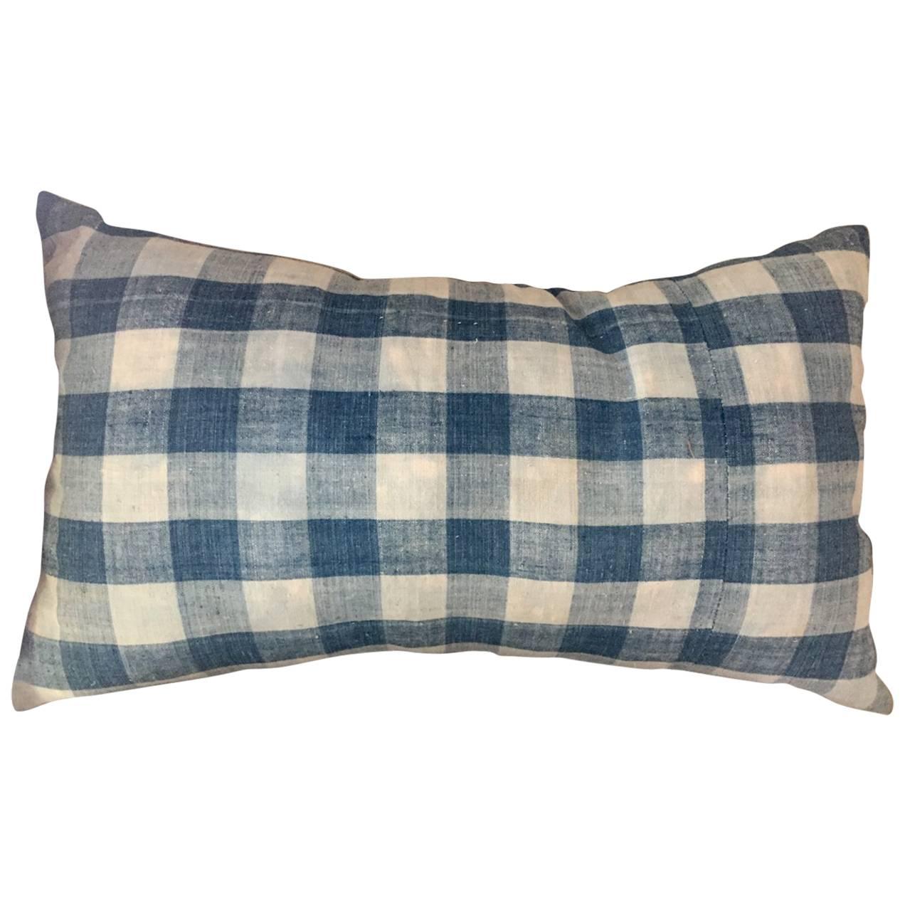 Mid-19th Century French Home Spun Indigo Dyed Check Pillow #10 For Sale