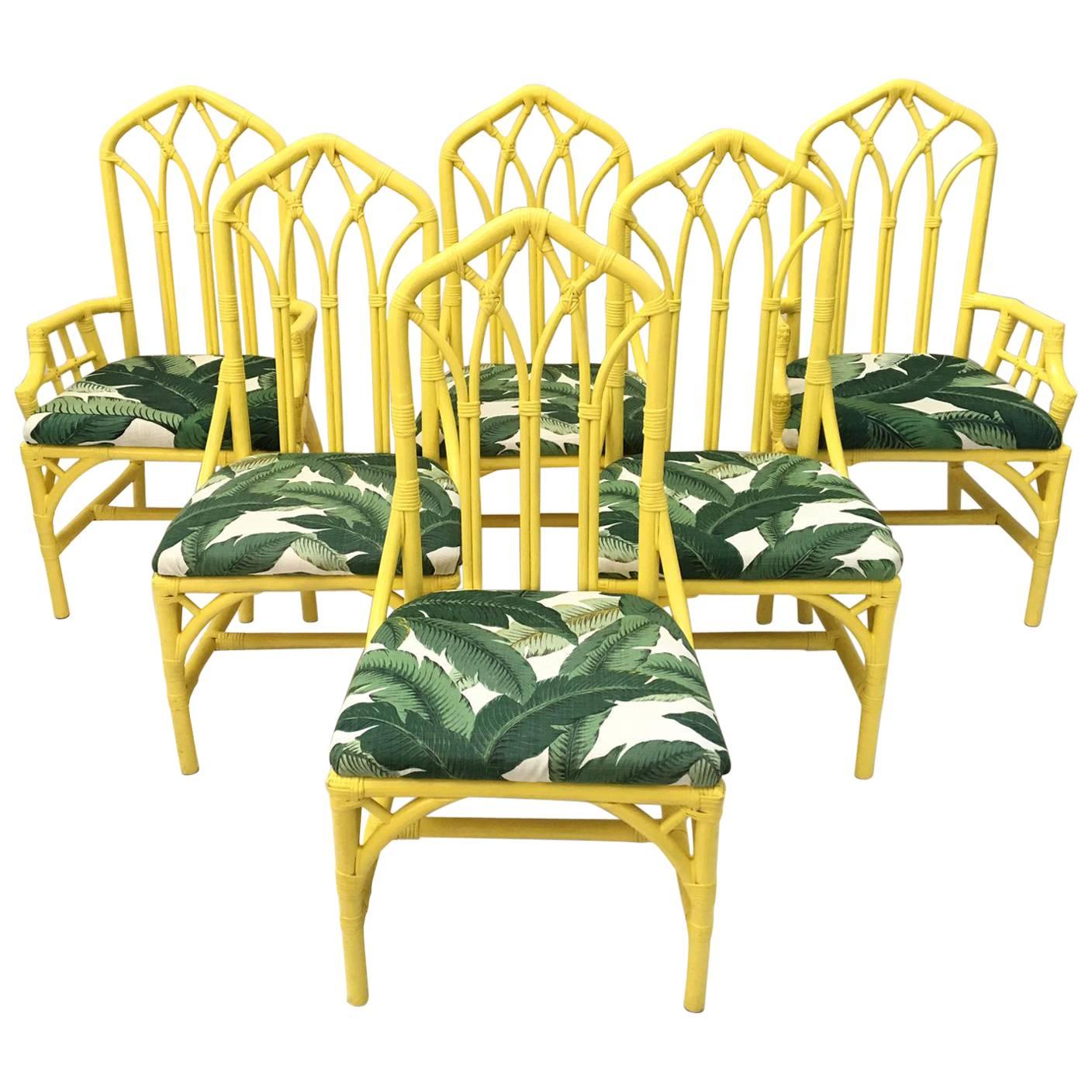 Tropical Banana Leaf Print Bamboo Rattan Dining Chairs by Henry Link