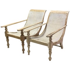 Antique Pair of Dutch Colonial Solid Satinwood Caned Sling Back Planters Chairs, 1850