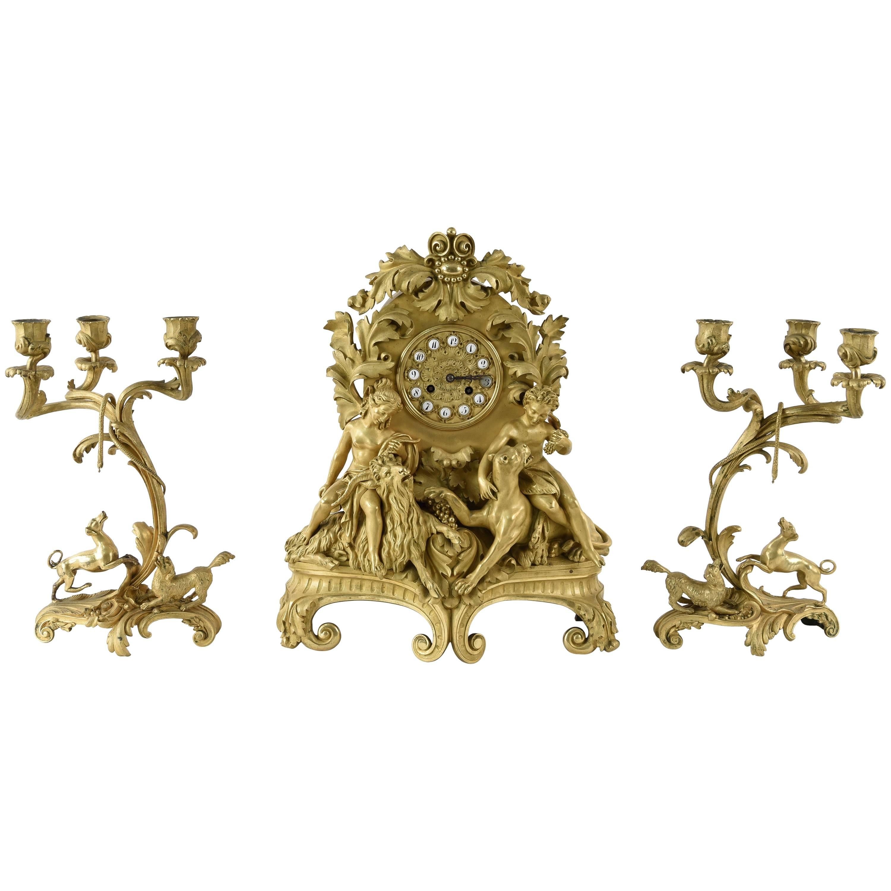 19th Century French Gilt Figural Clock Set For Sale