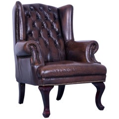 Chesterfield Armchair Brown Mocca Leather Vintage Retro Wood Handmade
