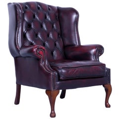 Chesterfield Armchair Red Oxblood Leather Vintage Retro Wood Handmade