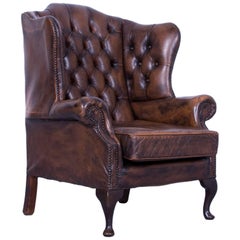 Chesterfield Armchair Brown Mocca Leather Vintage Retro Wood Handmade Rivets