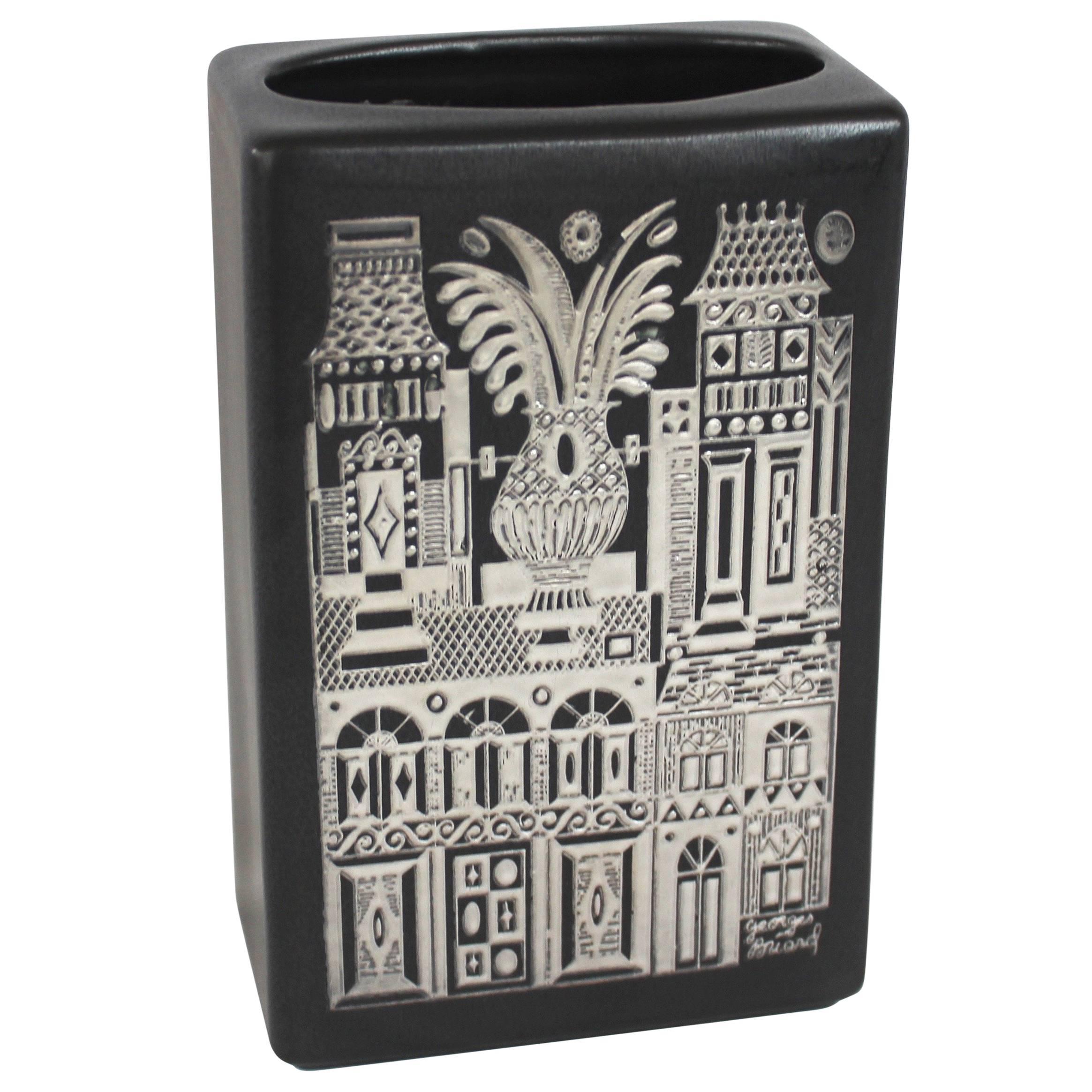 Silver Inlaid Black Matte Ceramic Vase by Georges Briard