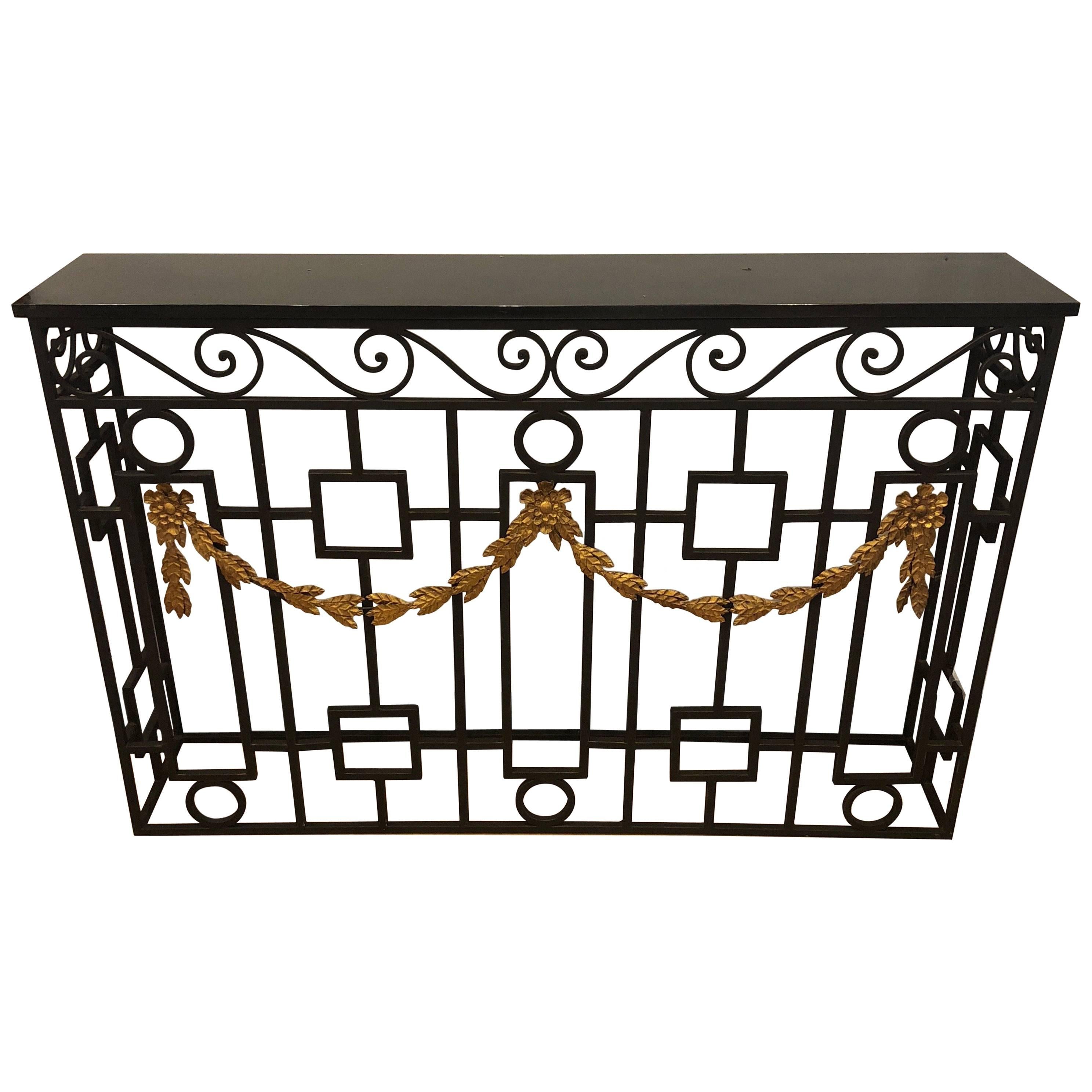 Metal and Marble Console Table with Gold Scroll Work