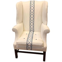 Vintage White Canvas Cotton Wing Chair with Jim Thompson Trim by Hickory Chair