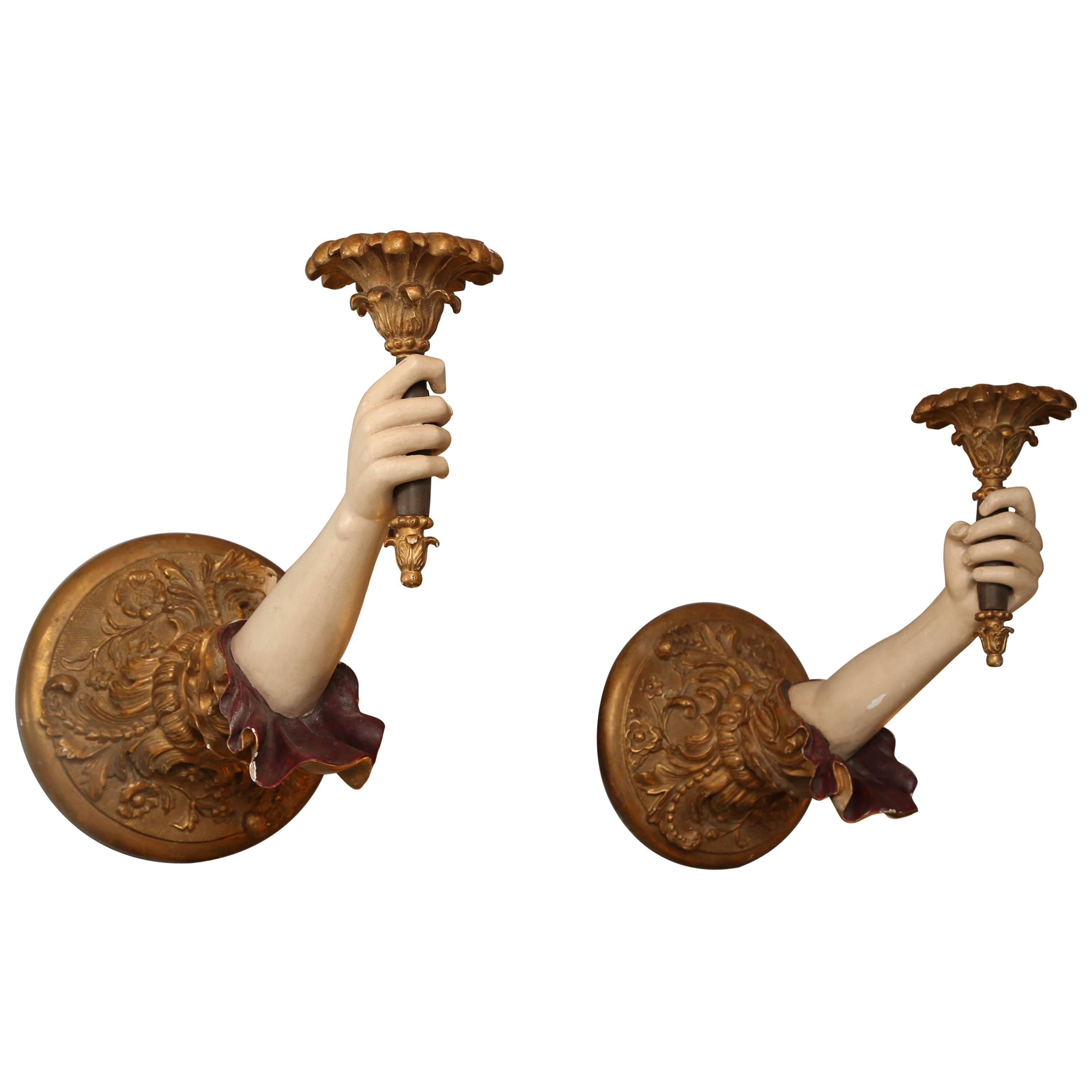 Pair of Life-Size Carved Italian "Arm" Sconces