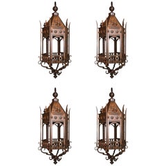 Set of Four Hexagonal French Louis XV Style Wrought Iron Hanging Lanterns