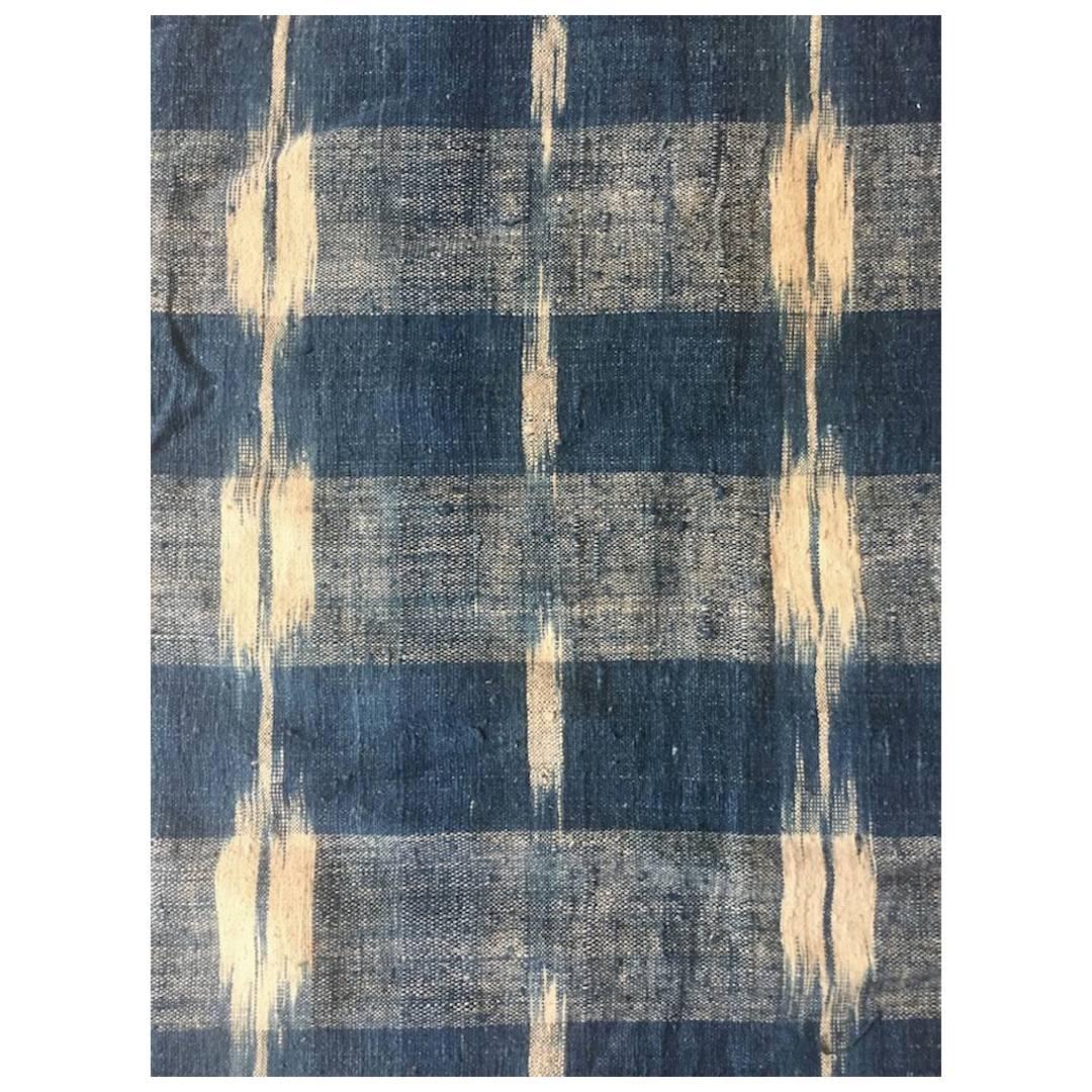 Antique Textile, Mid-18th Century French Home Spun Indigo Dyed, Linen Ikat #2 For Sale