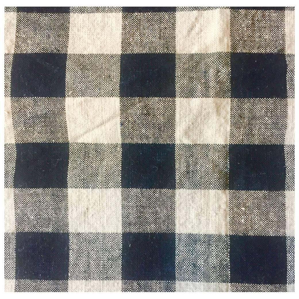 Antique Textile, Late 19th Century French Home Spun Black/White Check, Linen #4 For Sale