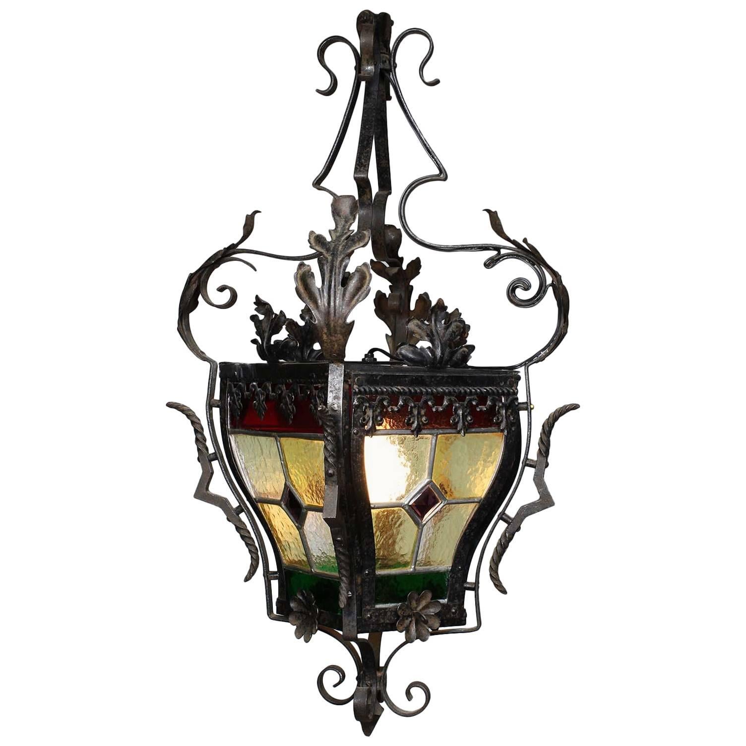 French Baroque Style Wrought-Iron Stained Glass Hall Lantern, 19th-20th Century For Sale