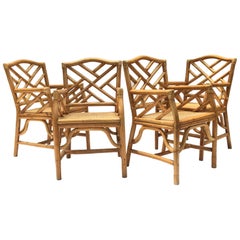 Chinese Chippendale McGuire Style Rattan Bamboo Arm Dining Chairs