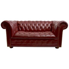 Vintage Burgundy Leather Chesterfield Sofa Loveseat