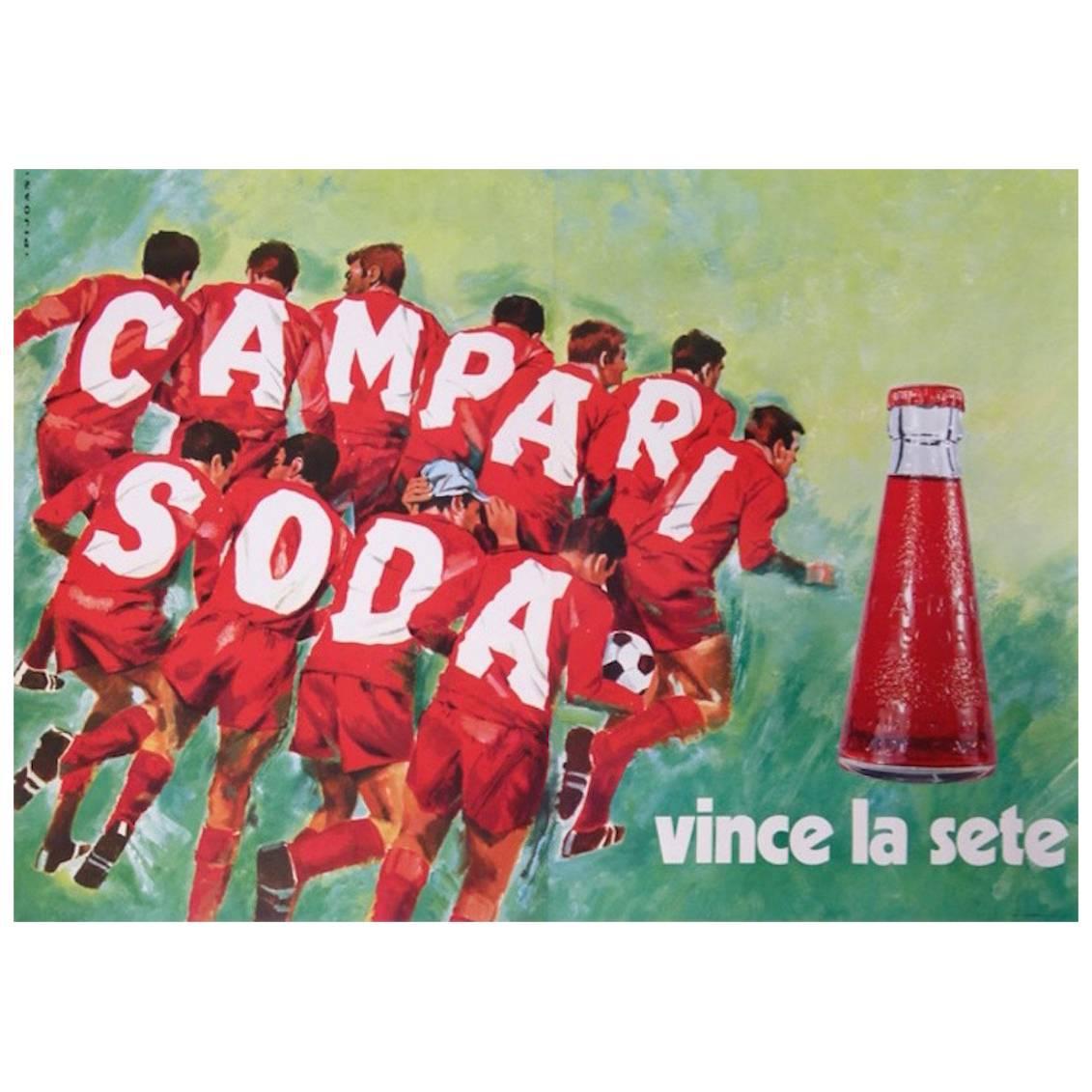 Affiche vintage d'origine Campari Soda, Vince La Sete, Football, Soccer Pijoan