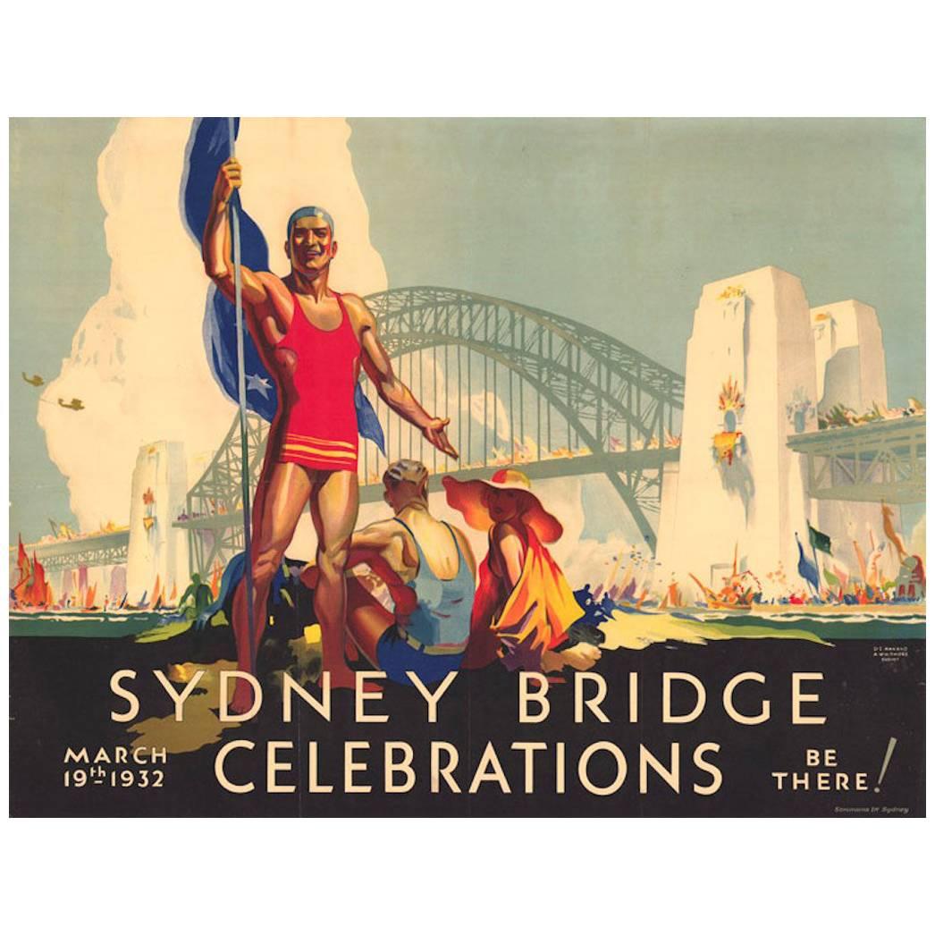 Affiche vintage d'origine des célébrations du pont de Sydney D Annand et D Whitmore, 1932