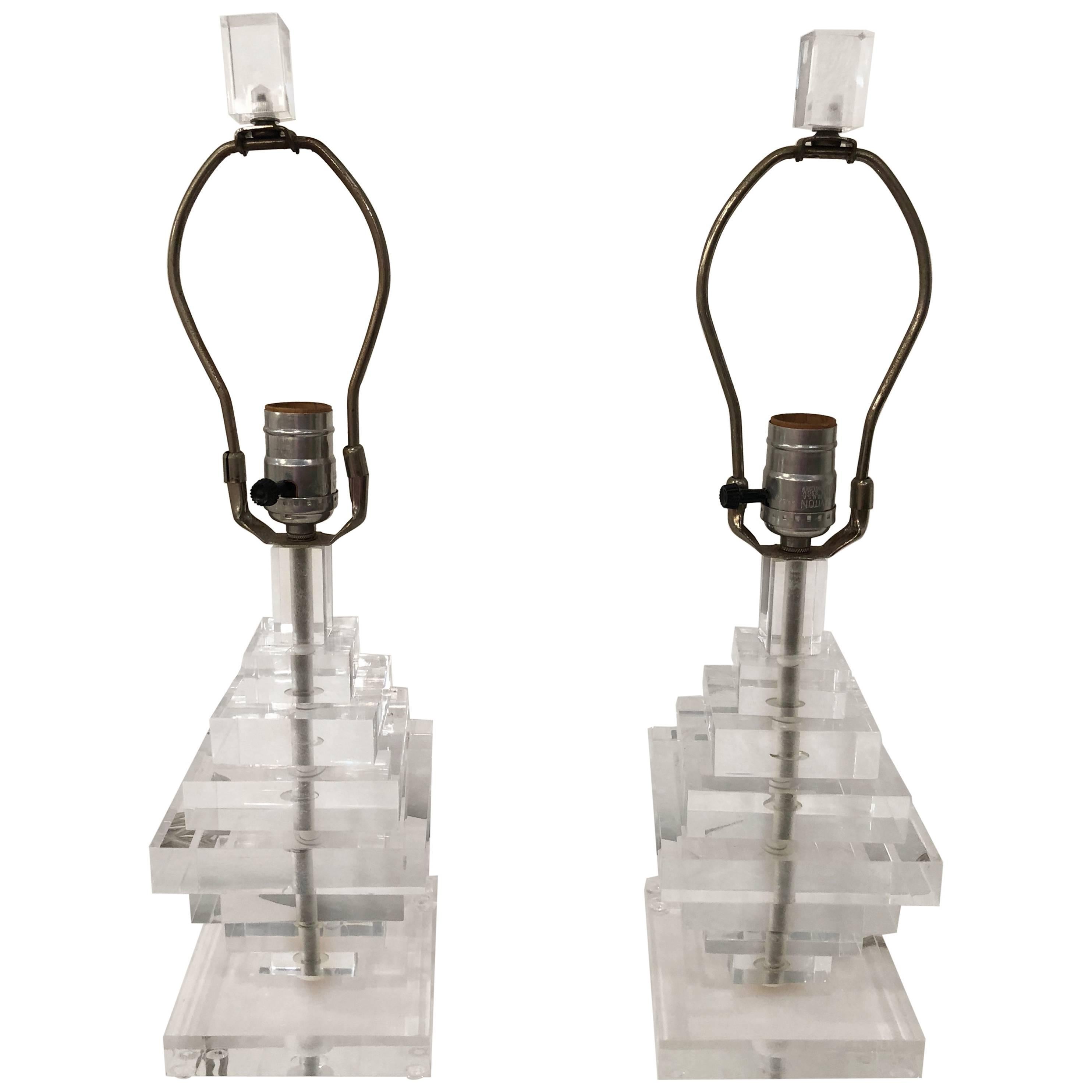 Pair of Vintage Lucite Table Lamps Geometric Stacked at 1stDibs | lucite  lamps vintage, vintage lucite lamps