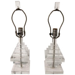 Pair of Vintage Lucite Table Lamps Geometric Stacked