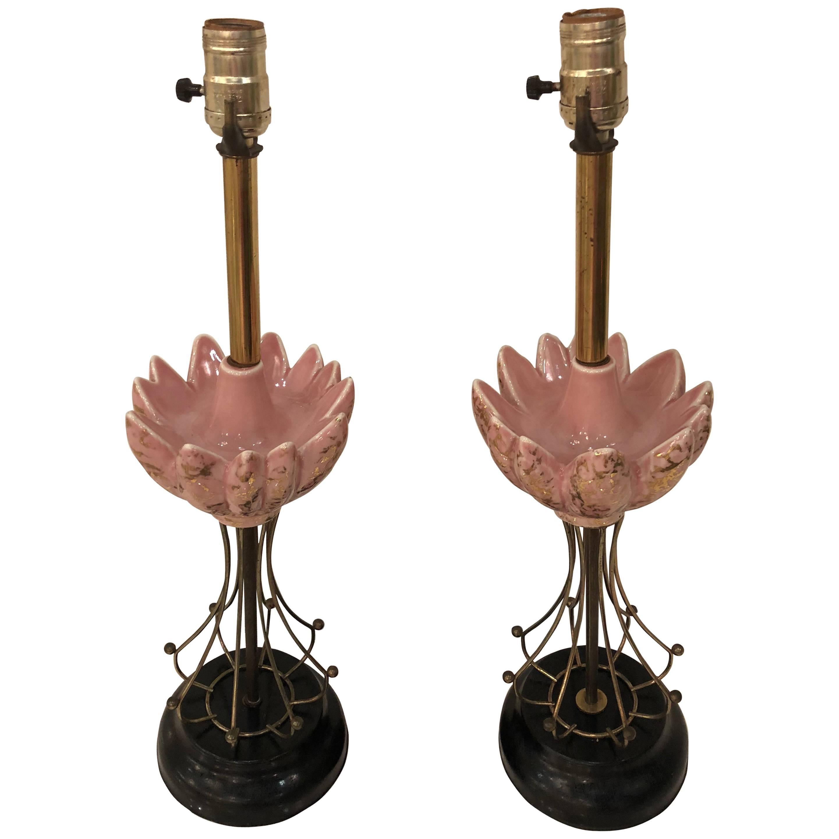 Pair of Art Deco Pink and Brass Table Lamps Vintage Hollywood Regency For Sale