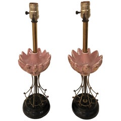 Pair of Art Deco Pink and Brass Table Lamps Antique Hollywood Regency