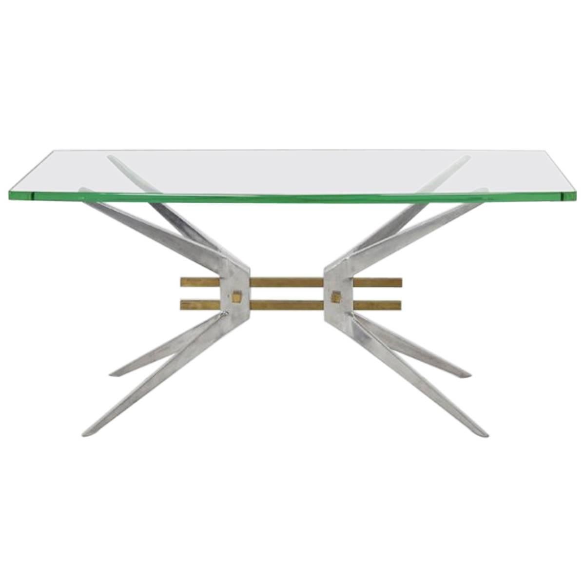 Table de canapé italienne avec base en aluminium et plateau en verre, années 1960 en vente