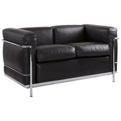 Cassina LC2 Two-Seat in Chrome and Black Leather, Designed in 1928, Le Corbusier