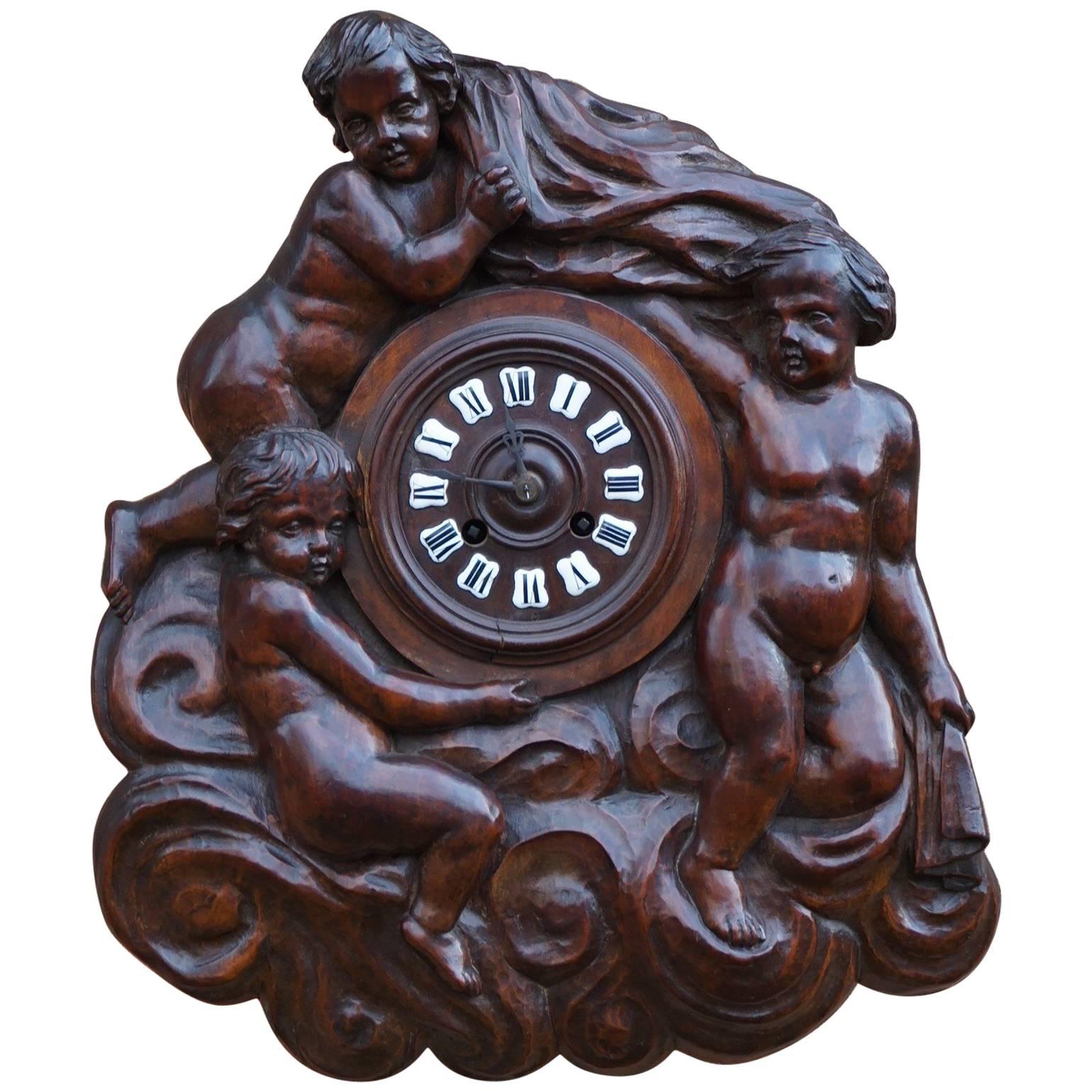 Antique Hand-Carved French Renaissance Revival Wall Clock W. Putto Sculptures