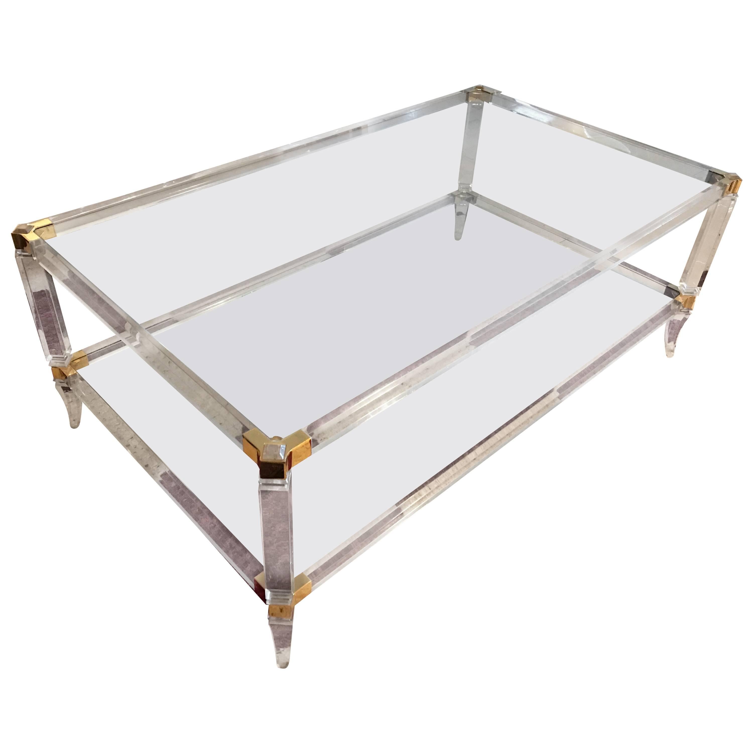 Lucite mid-century modern Coffee Table gilt brass French , 1960 For Sale