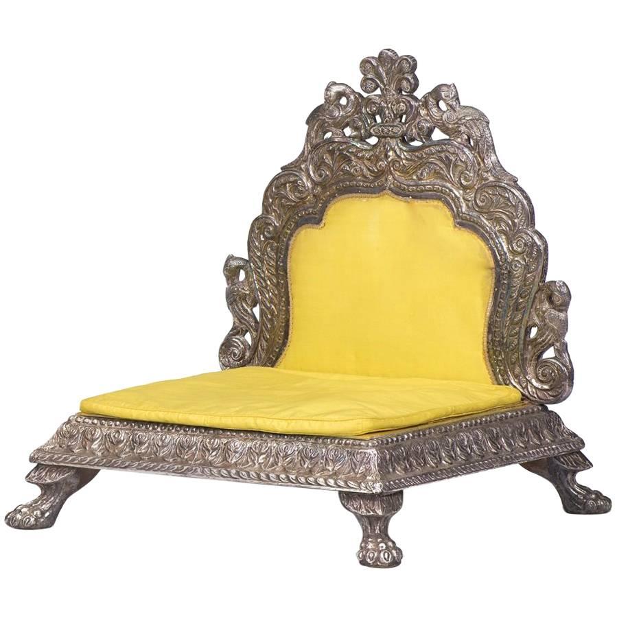 Indian Engraved Silver Chair with Silk Cushion