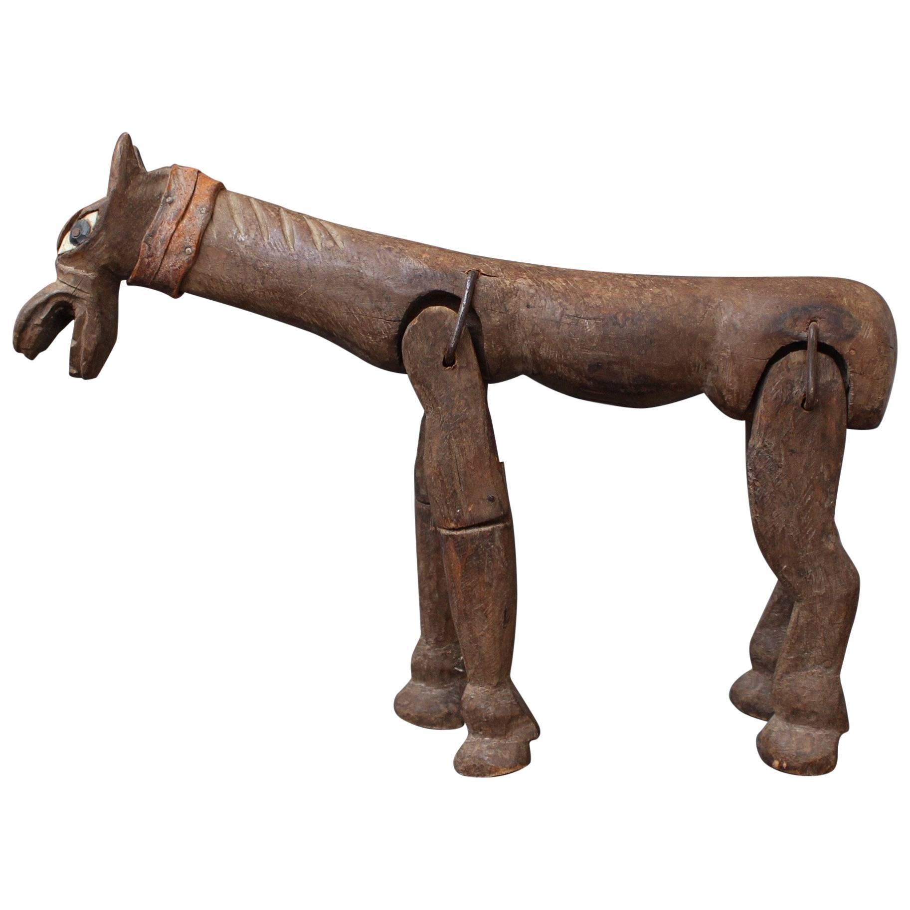 Antique Carved Wooden Horse Marionette, 19th Century