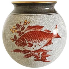 Bing & Grondahl Art Deco Vase in Crackle Glaze with Motif of Fish #1045/472/K