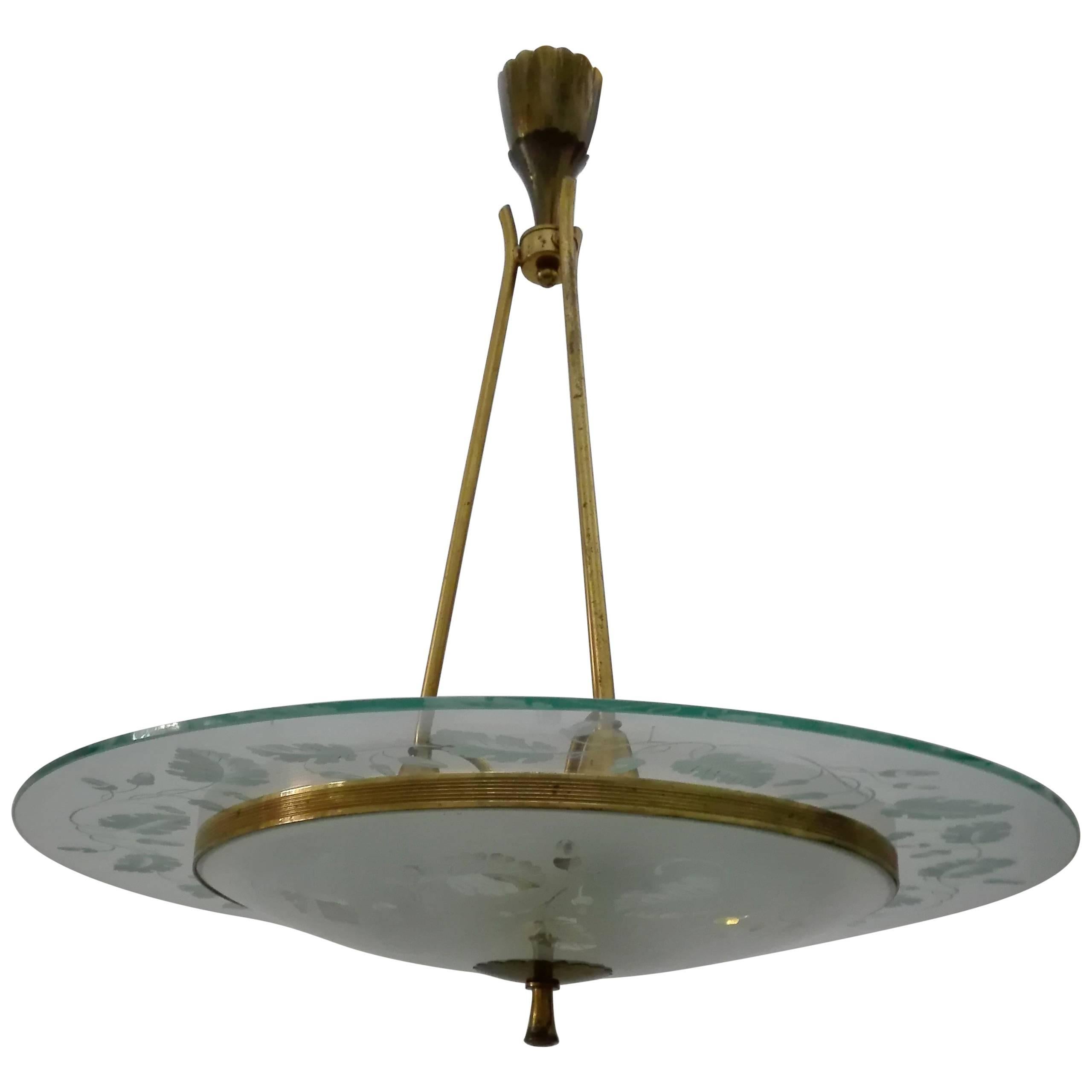 Fontana Arte, Pietro Chiesa, Brass and Chiselled Glass Chandelier For Sale
