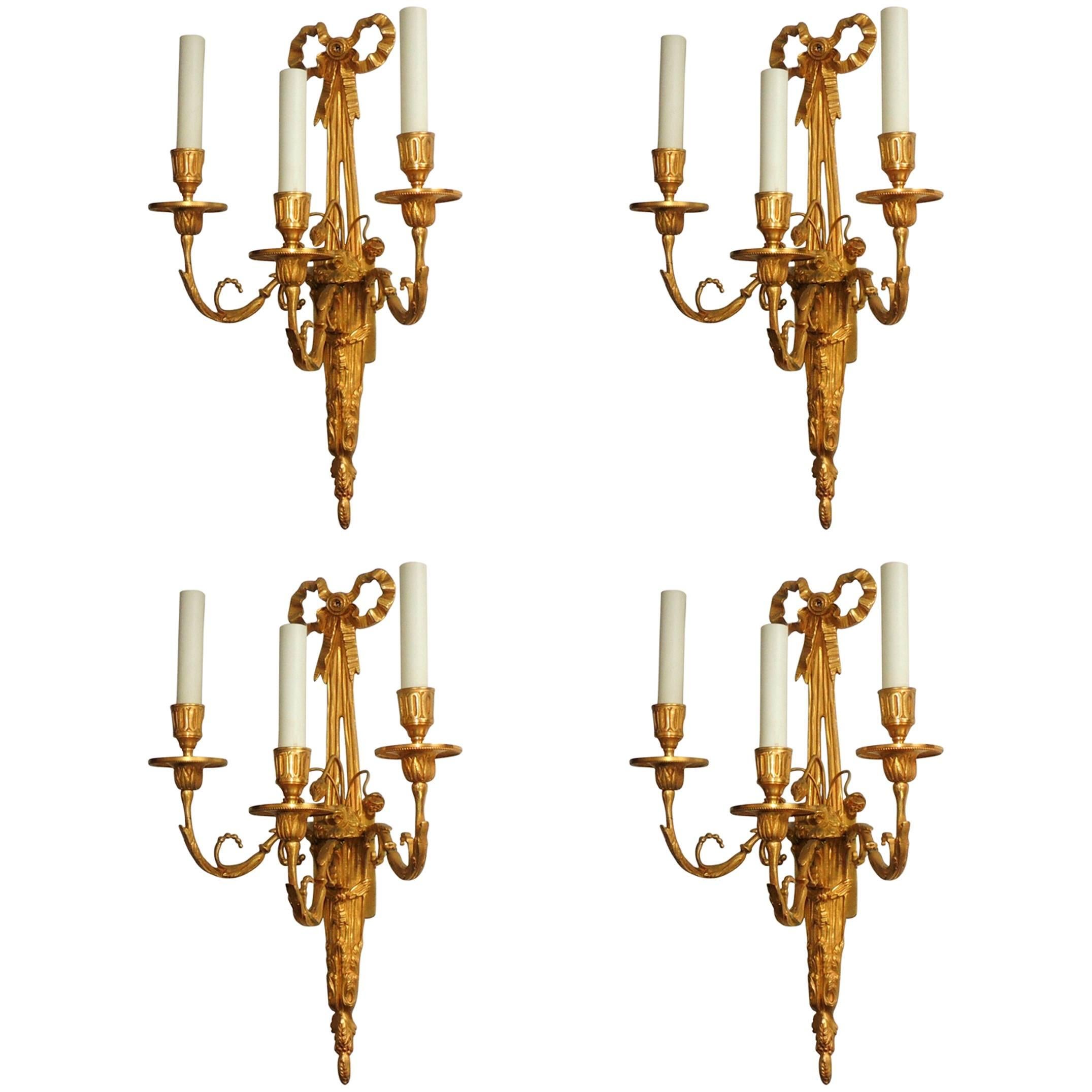 Fine Regency Set Four French Gilt Doré Bronze Bow Top Flower Three-Light Sconces