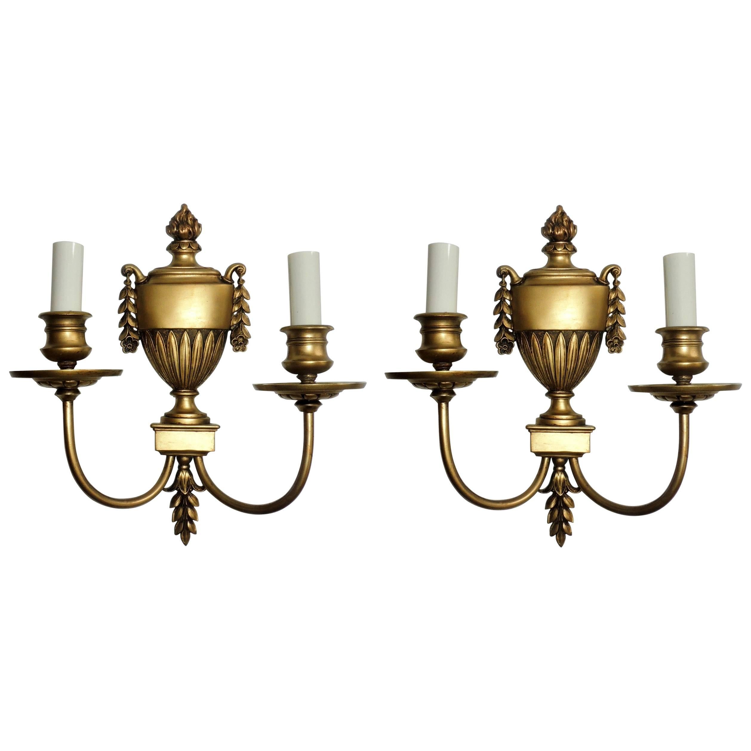 Wonderful Regency Neoclassical Pair Urn Form Bronze Empire E.F. Caldwell Sconces For Sale