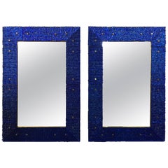 Cobalt Blue Ribbed Murano and Brass Framed Mirror