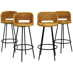 Retro Mid-Century Modern Danny Ho Fong Set of Four Bamboo Rattan Barstools, 1960s