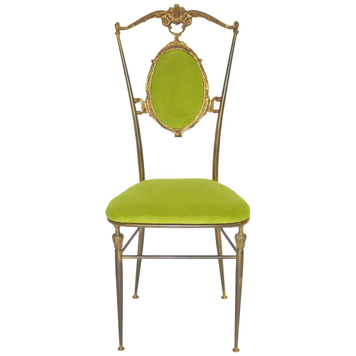 Mid Century Modern Chiavari Brass and Green Vintage Side Chair, 1950s, Italy