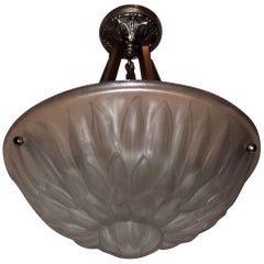 Wonderful French Art Deco Frosted Glass Brushed Nickel Bronze Flower Fixture