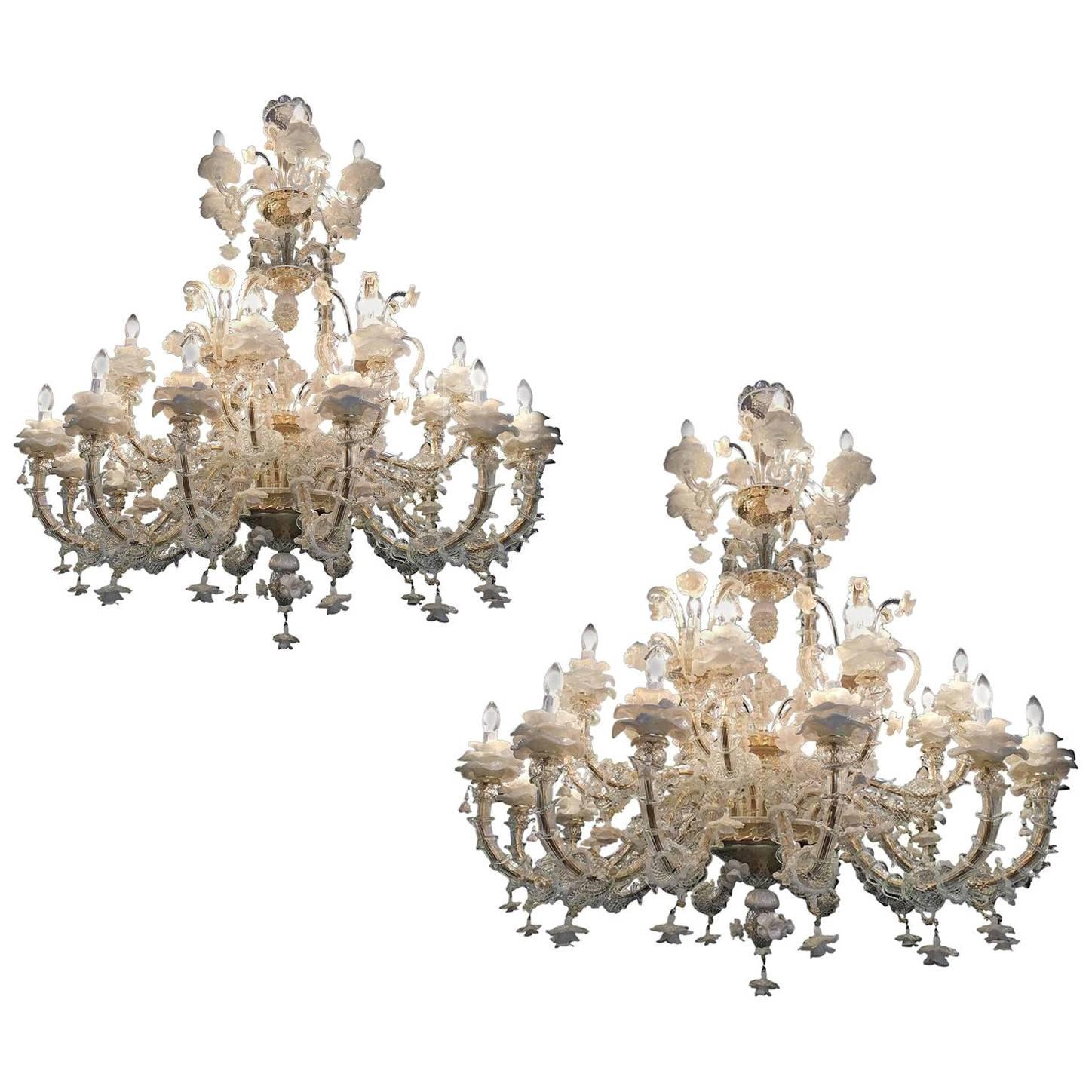 Pair of Rezzonico Chandeliers Glass Gold Inclusions, Murano