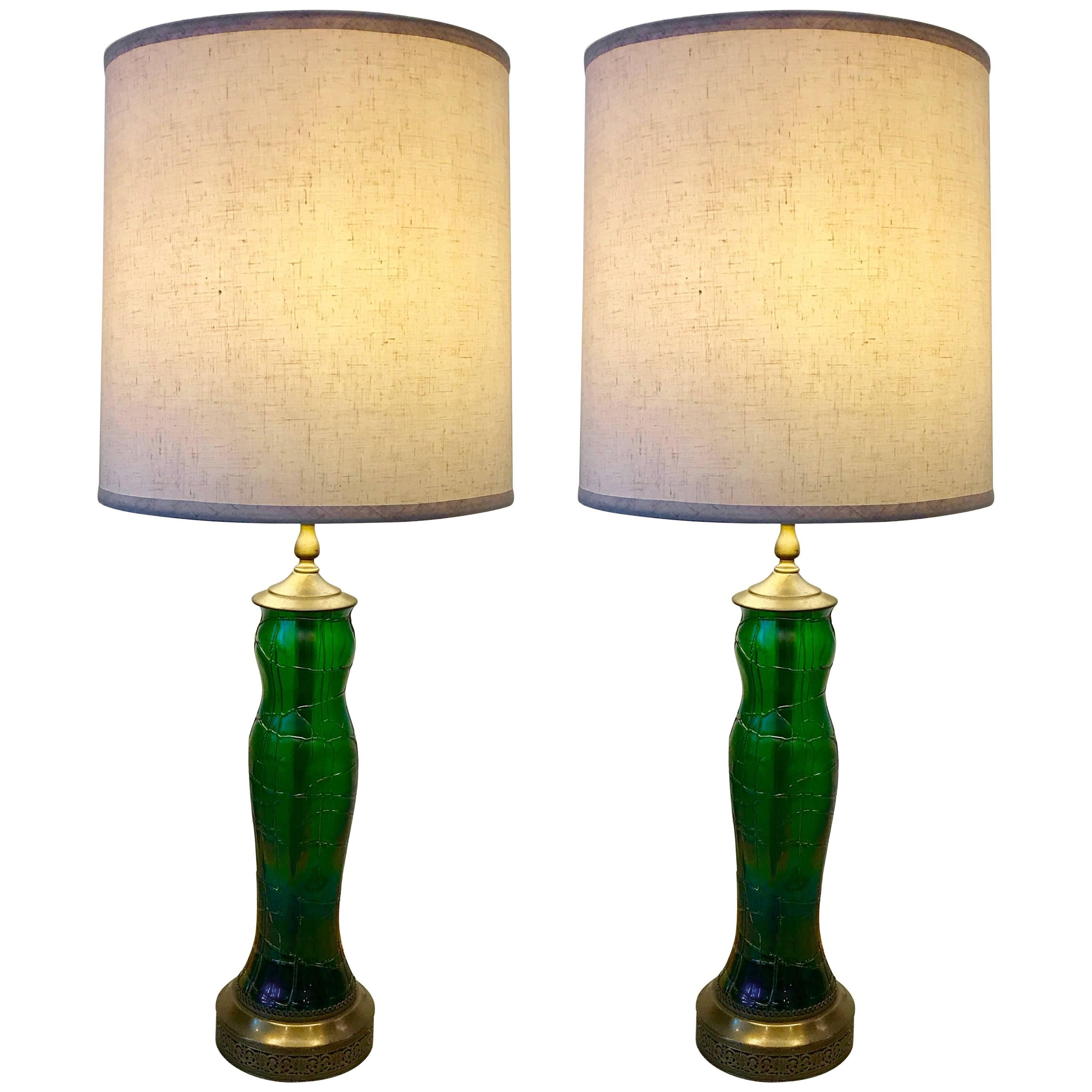 Pair of Iridescent Green Art Glass Table Lamps by Wilhelm Kralik, Art Nouveau