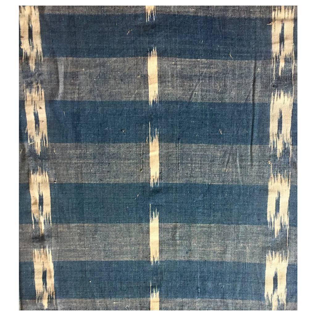 Antique Textile, Late 19th Century French Home Spun Indigo Dyed Linen Ikat #7 For Sale
