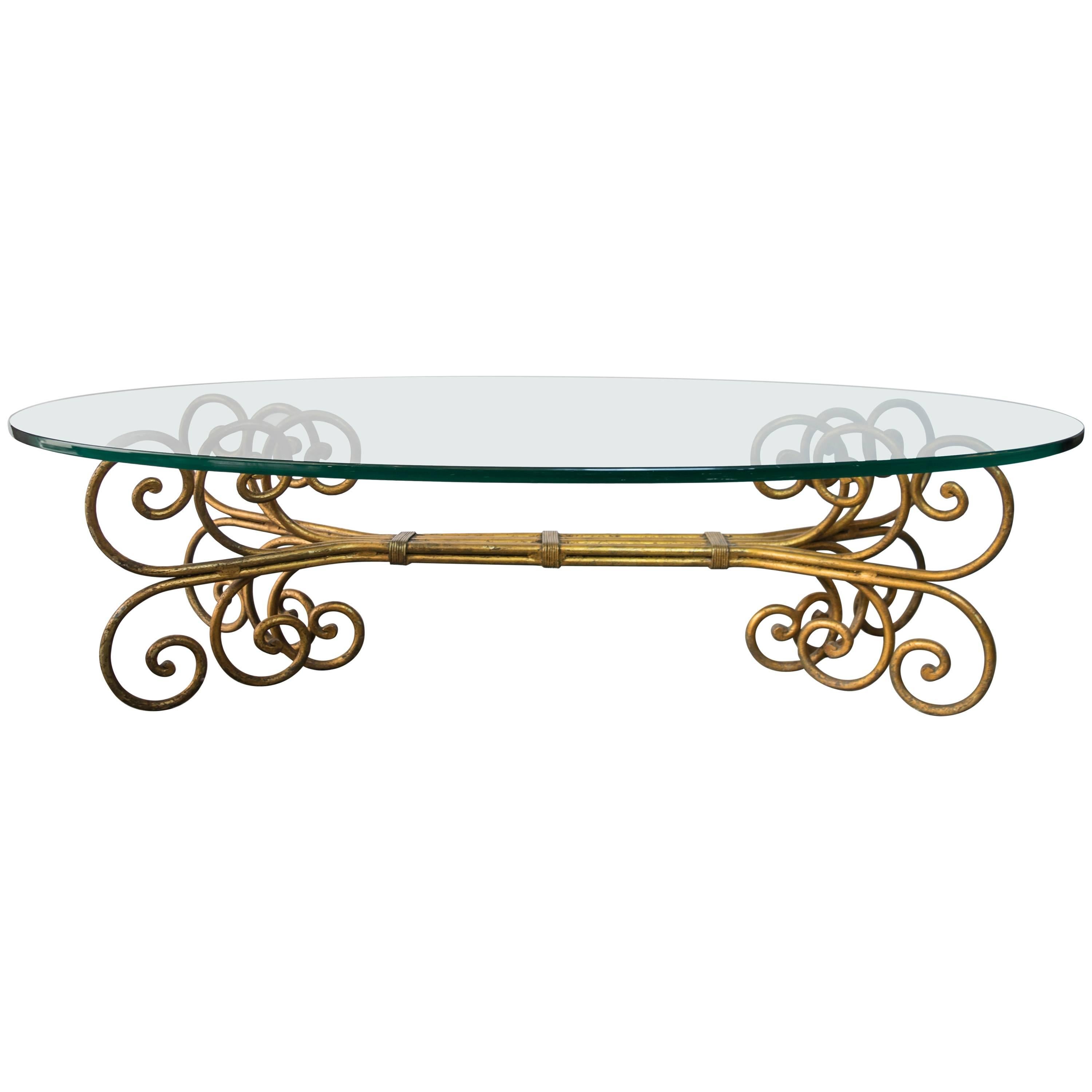 Hollywood Regency Gilded Gold Scroll Oval Coffee Table For Sale