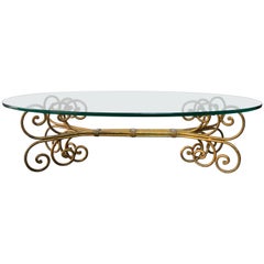 Hollywood Regency Gilded Gold Scroll Oval Coffee Table
