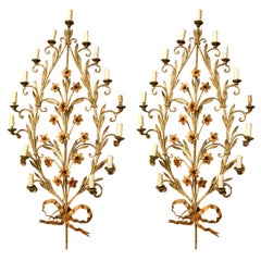 Pair of Italian Fifteen-Light Wall Sconces with Lovely Flowers and Leaves
