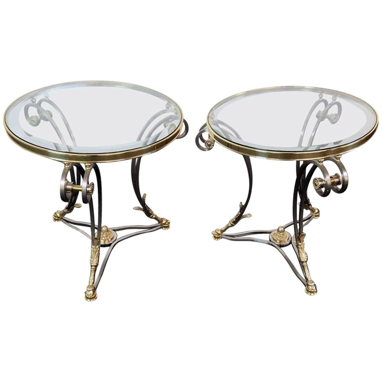 Pair Round Brass & Steel Jansen Style Glass Top Gueridons Occasional End Tables 