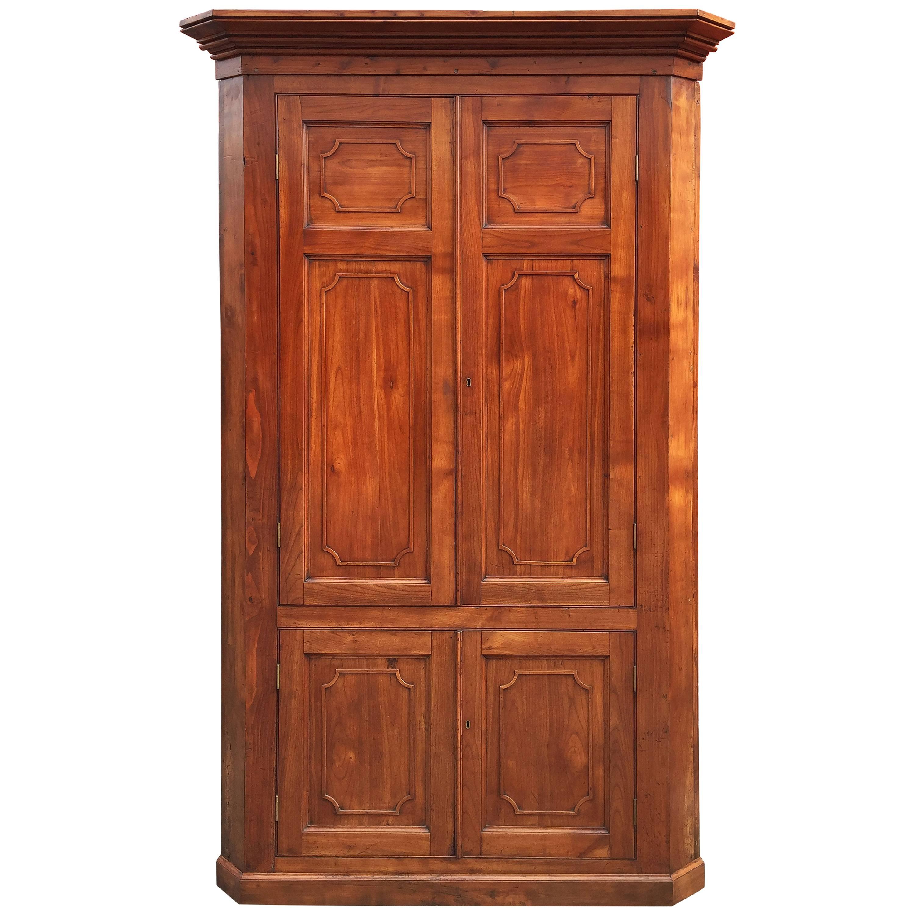 Large Two-Tiered Corner Cabinet or Cupboard of Cherry with Paneled Doors For Sale