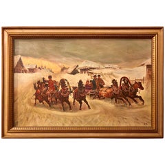 Vintage Oil on Canvas of a Russian Racing Scene in the Snow by Ivan Tschernikow