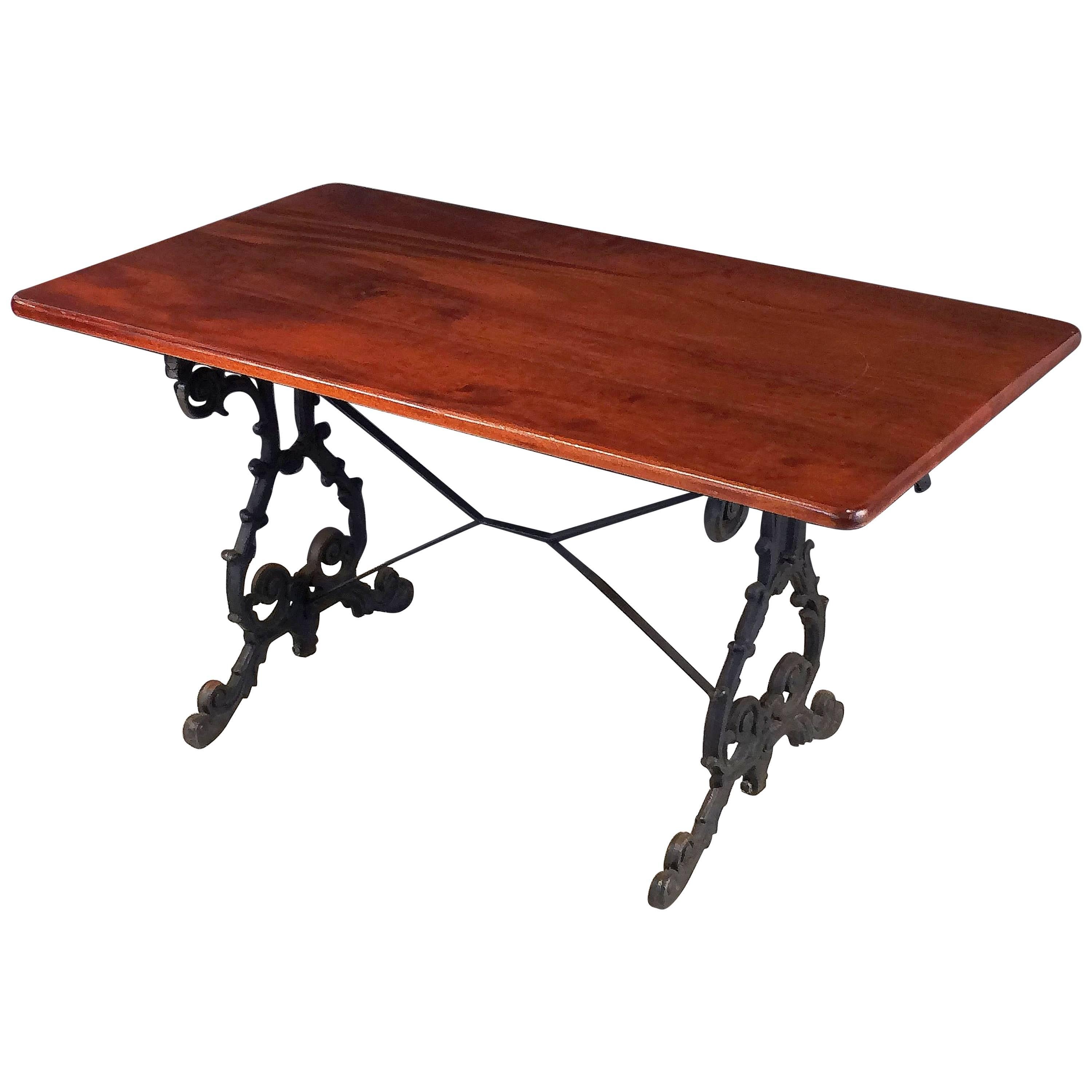 English Bistro or Pub Table of Cast Iron with Wooden Top